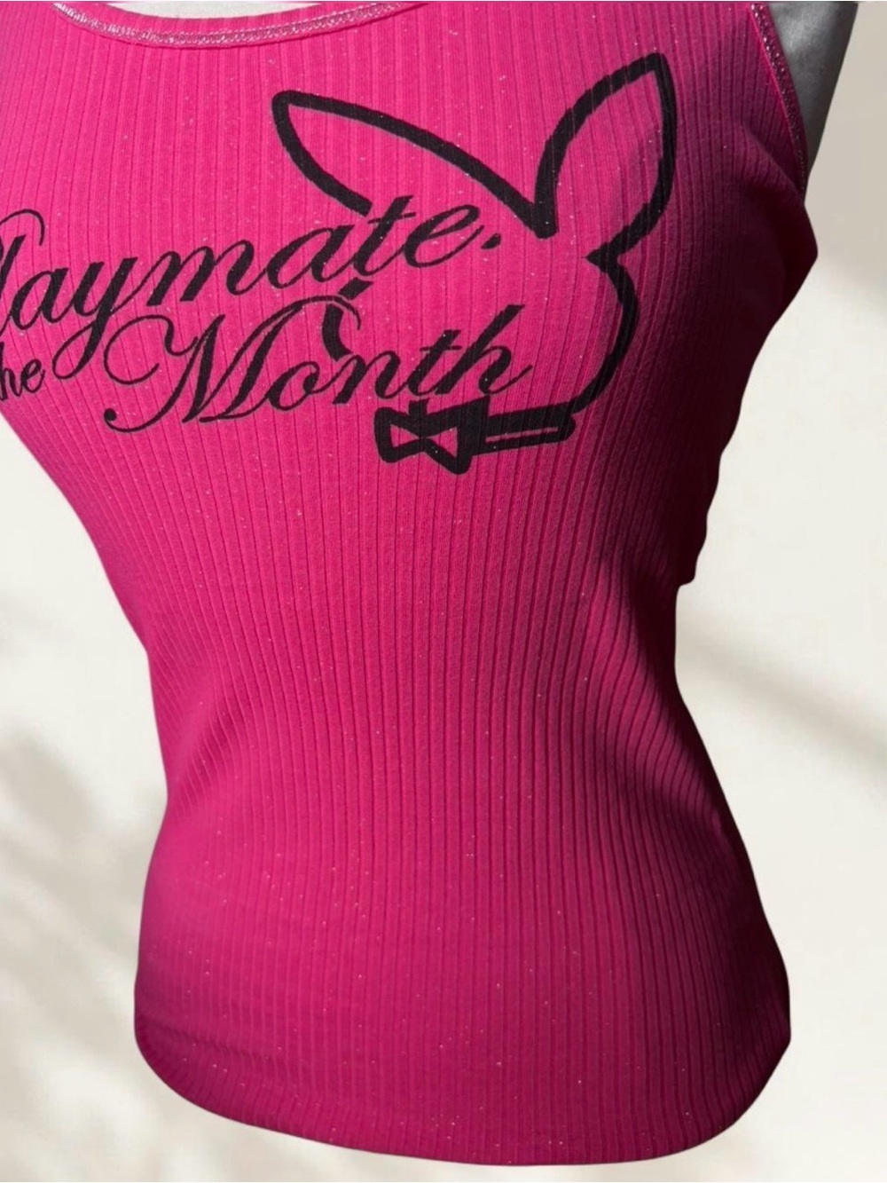 PLAYBOY Hot Pink Ribbed Tank Top with Script Logo - Picture 2 of 6